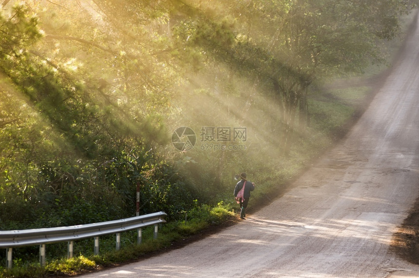 工人村民们背着一匹马在街上行走清晨有阳光喷发他们前往农场工作上午班早期的农民图片