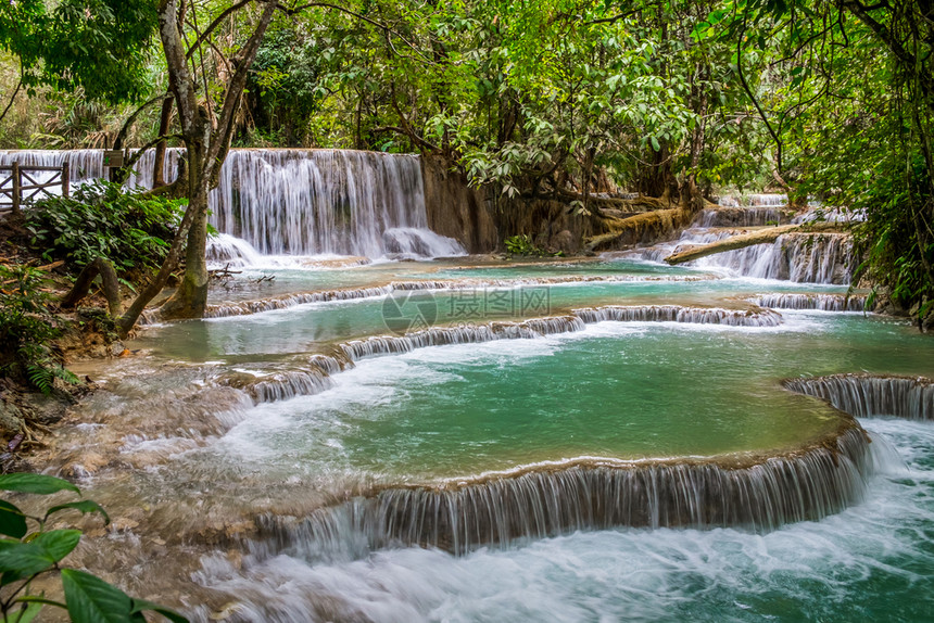 落下荒野劳斯LuangPrabang附近KuangSi瀑布的绿石水松图片