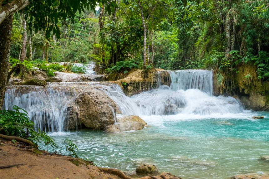 銮流动的劳斯LuangPrabang附近KuangSi瀑布的绿石水匡图片