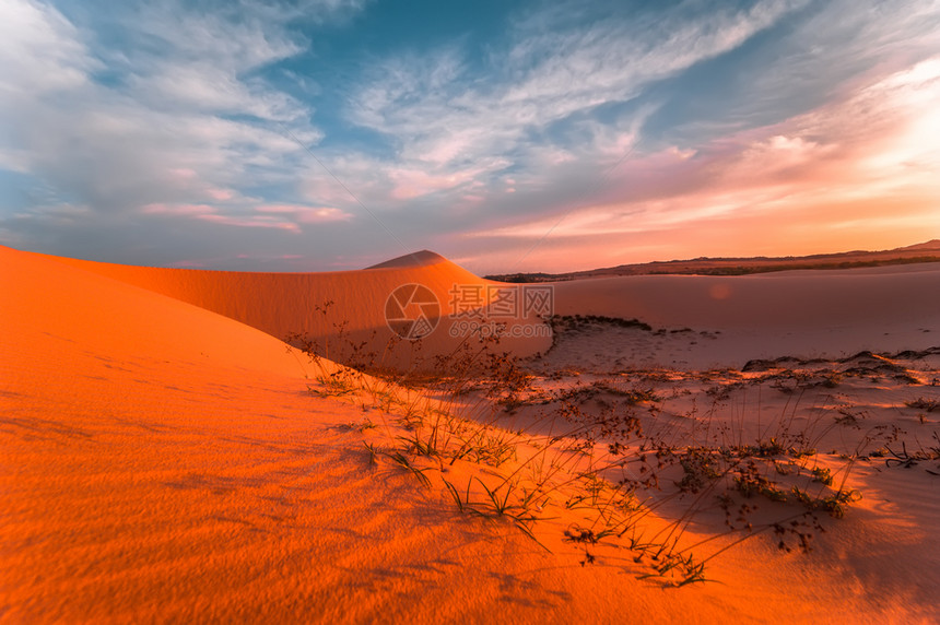 生活干旱沙漠景观中令人惊叹的傍晚日落天空下的孤独沙丘全球变暖概念行星土地图片