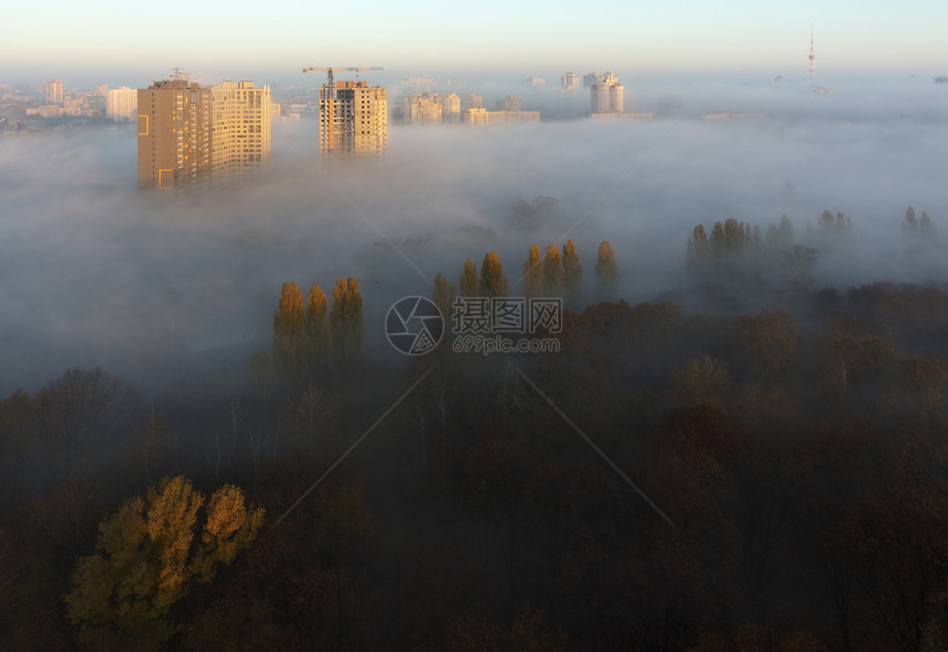 阳光下的晨城景观被浓的秋雾包围有多路段轮廓图片