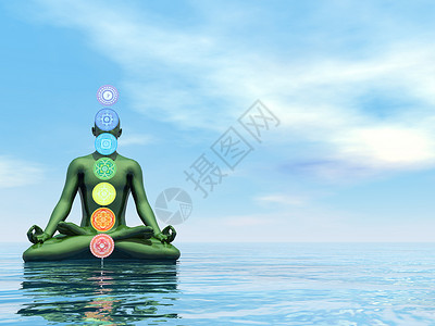 毗湿陀罗日间冥想和查克拉颜色3D让人类在海洋和查克拉颜色上冥想3D让身体数字打坐背景