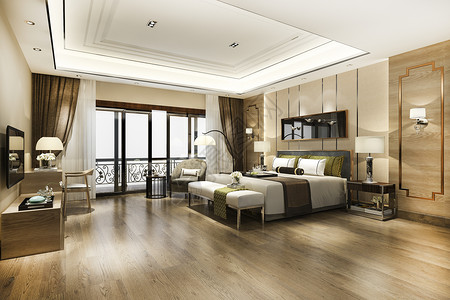 3d提供豪华卧室套房度假村高楼酒店和工作桌地面渲染高的图片