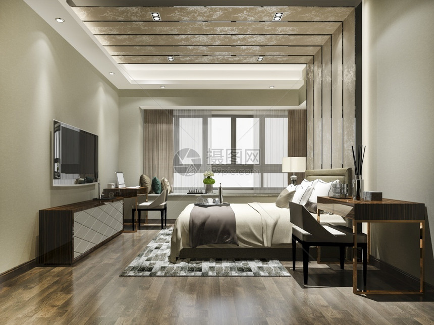 阁楼装饰风格3d提供豪华卧室套房度假村高楼酒店和工作桌优雅图片