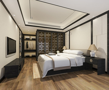 美丽的墙建筑学豪华现代卧室套房有衣柜的旅馆用风格装饰物在衣柜中行走图片