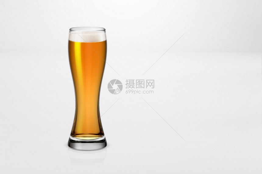 3D将一杯轻啤酒放在适合设计工程的白色背景上隔绝在白色背景上空的溅酒精图片