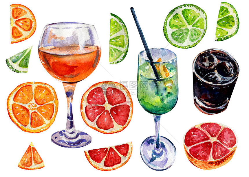 水彩伏特加橙子石灰和葡萄汁橙cubalibre绿色鸡尾酒和水果的夏令加饮料和水果冷却图片