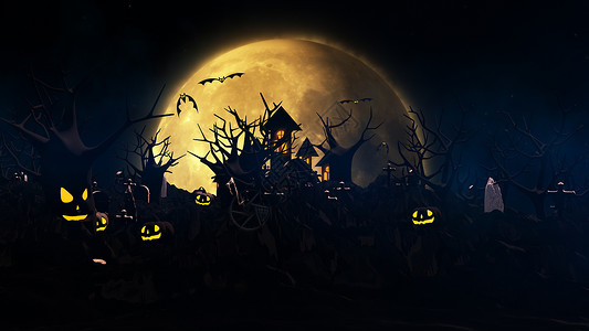 夜晚万圣节背景与闹鬼屋魂蝙蝠和南瓜在迷雾的夜里惊吓天空中奇幻的大月亮3D翻腾黑暗的插图背景图片