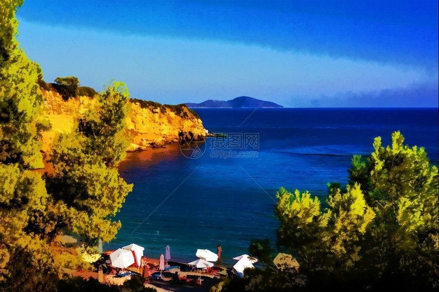 波浪天堂希腊斯拉得德阿洛尼索的红色城堡海滩油漆效应伞图片