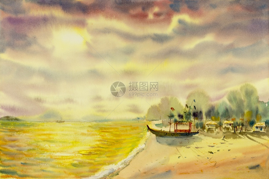 浪漫的水彩夏天原始海景彩色画和日光云底背景中的情绪色彩多海景和情感图片