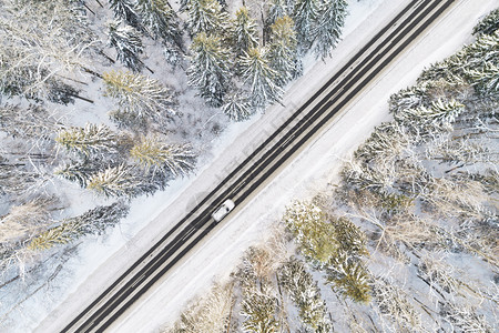 冬季森林中雪覆盖道路的空中景象汽车经过运动模糊景观输风图片