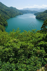 公园风景优美水以森林和山区为环绕平湖的图片