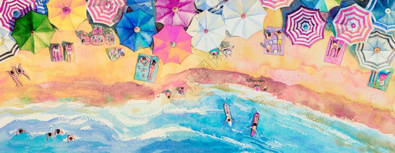 底多变形风景热带最佳夏季多色雨伞海浪蓝底背景画和广告报插图的绘画展示了家庭度假和旅游的色彩丰富多全景绘制了贴有广告海报插图的景画插画