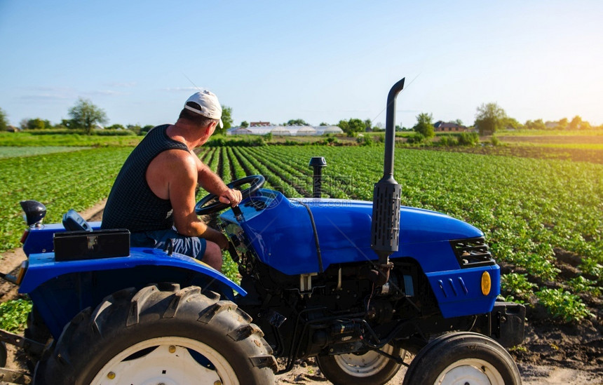 园艺蔬菜农民在实地与拖拉机农用工业和产企场机械一起工作物护理土壤质量改善耕作和松开地面工耕种的田间地机器图片