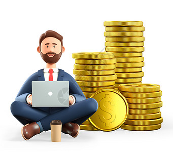 商业3D举个例子用笔记本电脑和一大批金币坐着的胡须男子微笑着的卡通商人成功的瑜伽莲花投资人以及巨额金储蓄概念硬币大胡子设计图片
