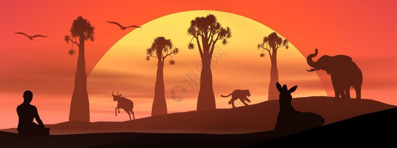 萨凡纳人类在自然和野生动物面前冥想通过日落沉思和野生物在日落3D转化黑色的数字瑜伽设计图片