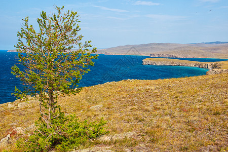 夏季奥尔孔岛Baikal湖和拉克的美丽全景干净季节天图片