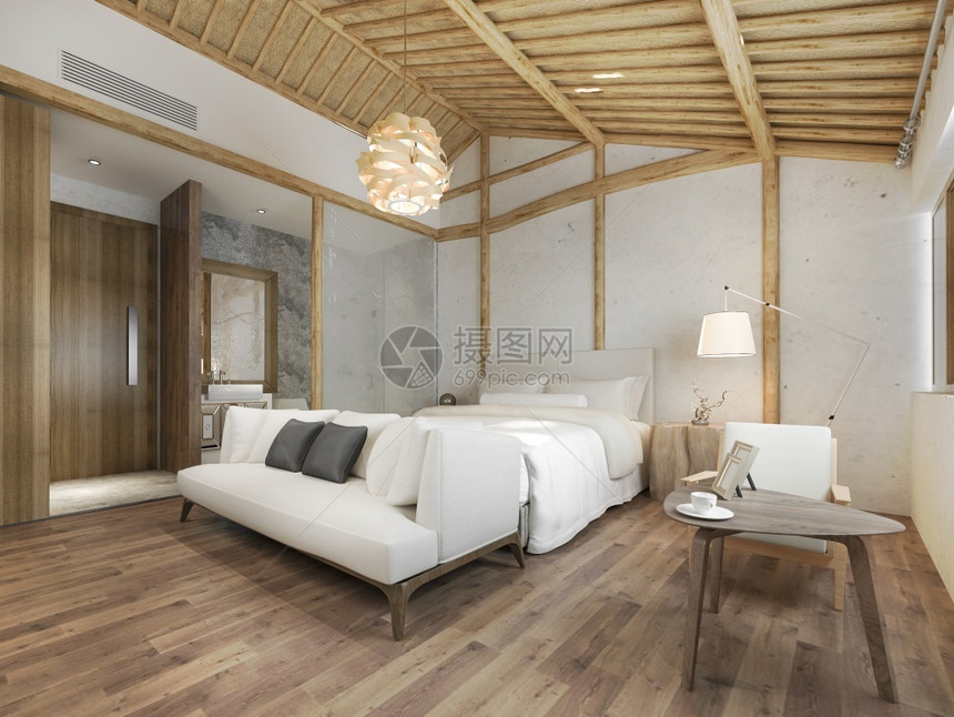 室内的3d提供现代豪华卧室套房和浴斯堪的纳维亚语扶手椅图片