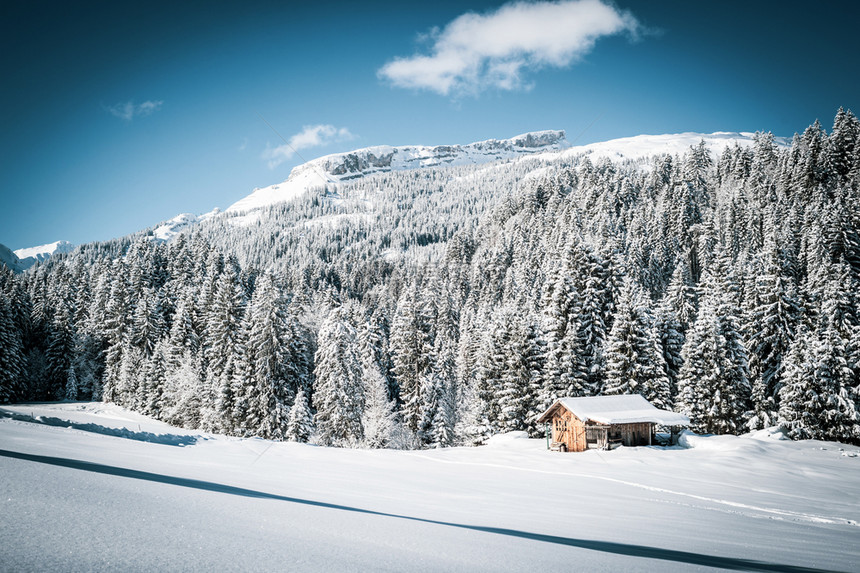 覆盖天空白色的山峰冬季景象老房子和雪图片