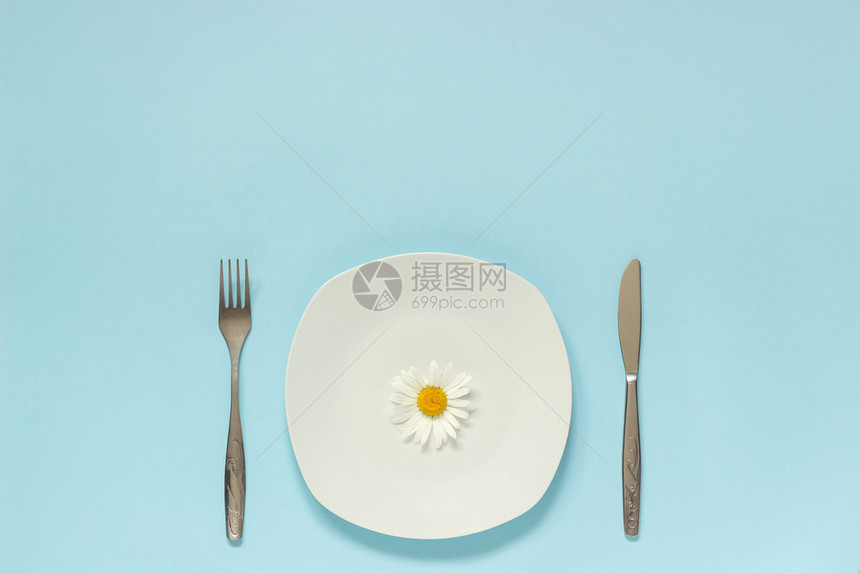 吃碗自然盘子上的一朵洋甘菊雏和蓝纸背景上的餐具叉刀概念素食健康饮或厌症创意顶视图复制用于刻字文本或设计的空间模板盘子上一朵洋甘菊图片