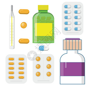 品效合一58皮卡行业装有标签和药片品胶囊维他命塞效素温度计平式病媒说明的一套药瓶片剂插画