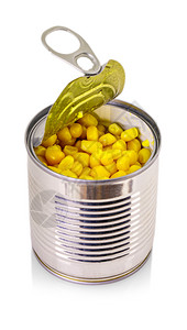 锡能够白背景上孤立的玉米罐打开午餐图片
