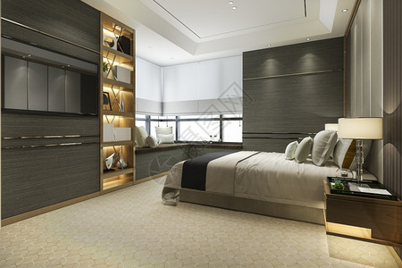 地毯睡觉床3d提供木制现代豪华套房配有书架和衬垫图片