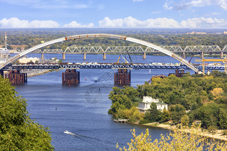 特鲁哈诺夫波多尔斯基景观旅游在基辅特鲁哈诺夫岛河上建造波多尔斯基桥在辅Dnipro横跨第尼普罗的波多尔斯基桥从一个高处拍摄的图象穿过基辅第尼普拉的波背景
