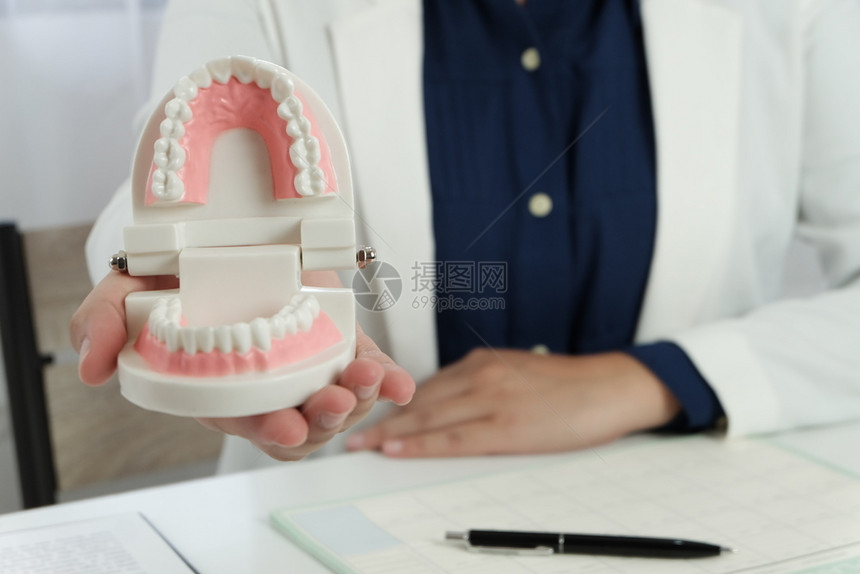 在牙科办公室手拿牙齿模型的医生形象图片