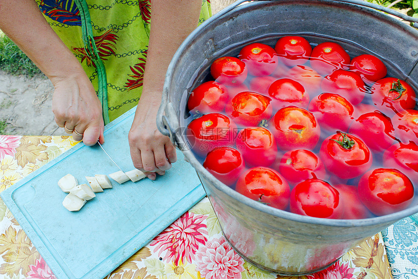 为保存而准备的水中西红柿妇女切片马萝卜以保存水中成熟洗过的西红柿色农业图片