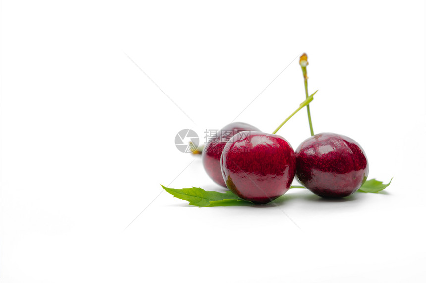 自然红樱桃有尾和叶子白色背景孤立于皮上Ripe红甜樱桃Sweetandjuicy有机樱桃新鲜果作为夏季甜点生原料用于杂食业抗氧化图片