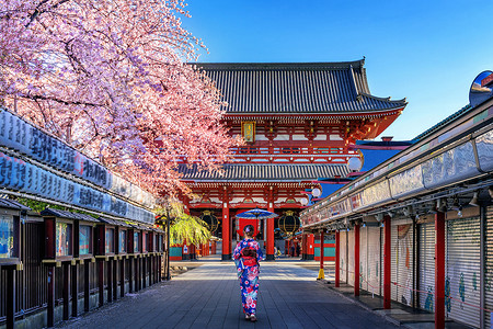 建造传统的神社在日本东京寺庙穿传统和服的亚裔妇女背景