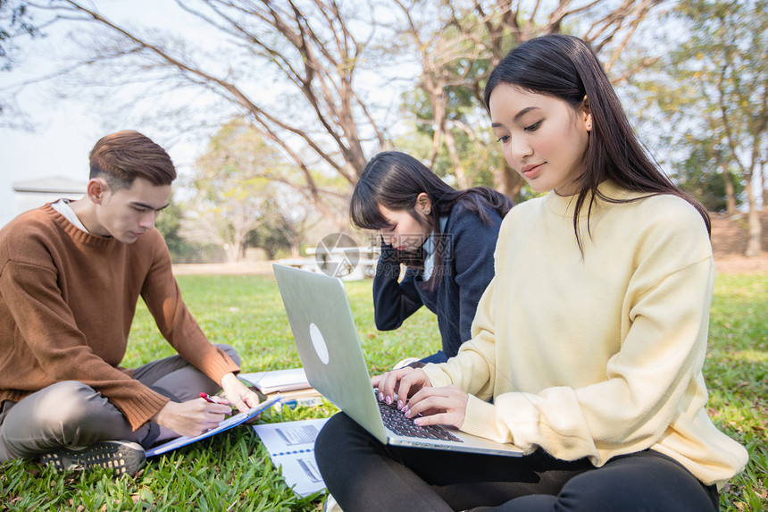 学生在户外草坪上使用笔记本电脑图片