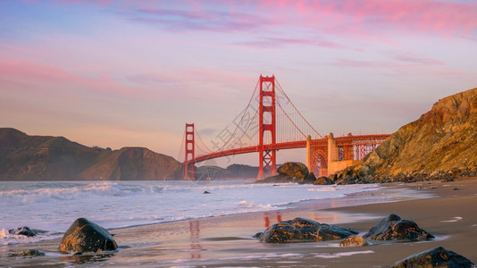 旅游海岸金的著名门大桥从贝克海滩看到在美丽的金色夜光中美旧金山城市景观高清图片素材