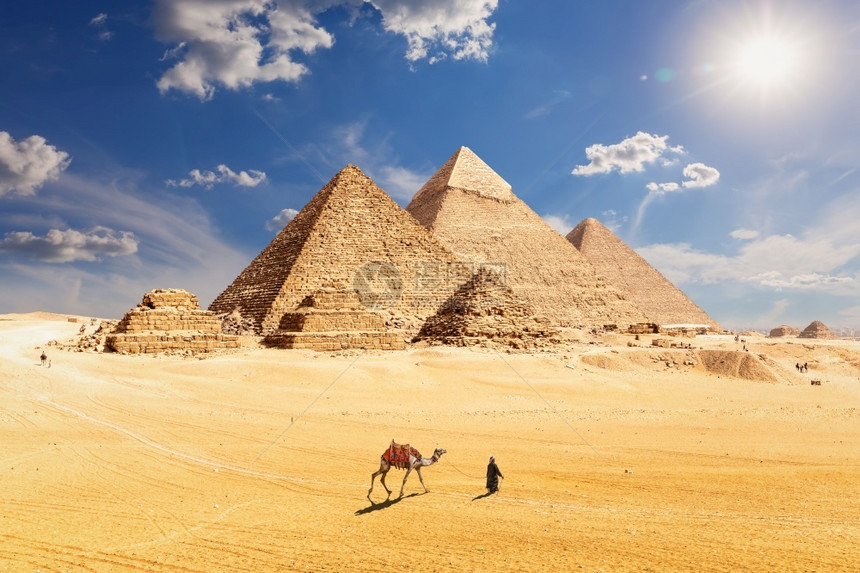 墓埃及著名的金字塔和一只骆驼的贝杜因人开罗吉扎建筑学图片