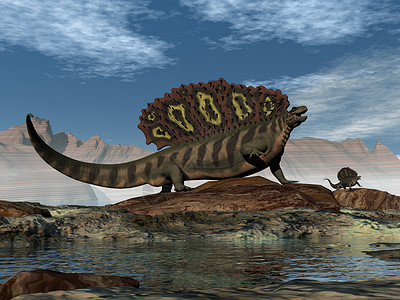 石炭系白昼在岩石上行走的动物3D使白磷龙在史前动物岩石上行走的动物3D经过蜥蜴动物群设计图片