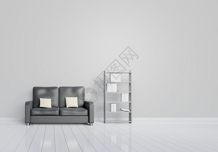 灰色银河货架现代室内客厅设计用黑色沙发灰和木制光滑的地板和书架以及装有灰色和木花状地层的黑沙发起居室白色坐垫要素家与生活概念3D主题插图木制设计图片