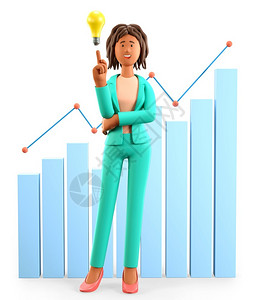 债务券女3D插图非洲美妇女用手指着灯泡的卡通女常任商业人提出想法业战略分析财政管理信息资料和图表仪板等背景图片