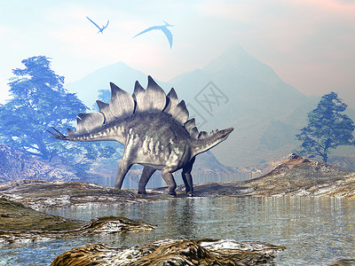 古生物学家恐龙在美丽的风景中行走日落前有山和水3D使恐龙步行3D使D变成D数字的荒野怪物设计图片