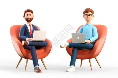 坐在椅子上的两个拥有笔记本电脑的快乐男子坐在手持主席卡通商人办公室工作及使用社交网络上Cartoon实业家在办公室工作团队合对话设计图片
