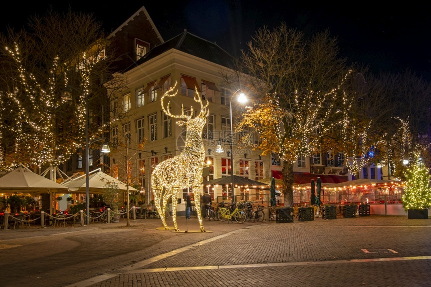 黑暗的制作者在荷兰圣诞节时间晚上从Deventer登上城市风景开发者图片