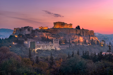 迪亚斯地标废墟文化希腊雅典PhilopappposHill的Acropolis观点背景