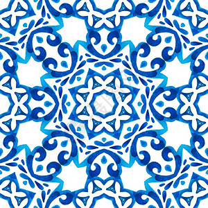 再生种族的时尚蓝手和白抽象绘制瓷砖无缝装饰水彩色油漆结构阿拉伯几何印刷东方文化印度风格阿拉巴斯克persianmotif蓝手和白背景图片