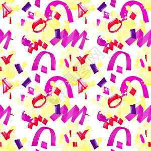 撒红节未来抽象无缝模式粉红和紫节的几何形状为粉色红和紫节无缝模式白色背景上有黄斑纹生日冬天插画