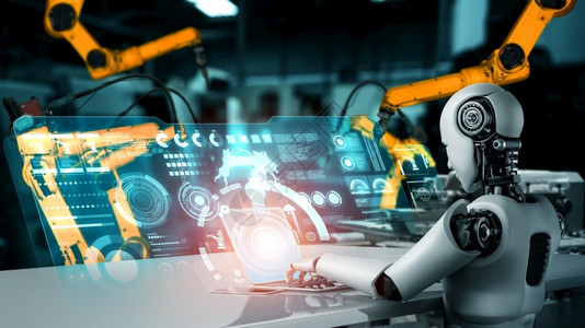 艾尔利工业的全息图艾用于工厂生产装配的机械化工业器人和械臂工业革命和自动化制造过程的人工智能概念用于工厂生产装配的机械化工业器人和械臂设计图片