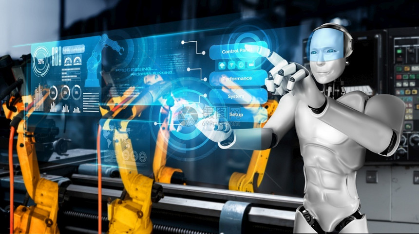 工业的用于厂生产装配的机械化工业器人和械臂工业革命和自动化制造过程的人工智能概念用于工厂生产装配的机械化工业器人和械臂造的阿尔图片