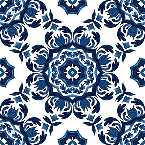 蓝手和白绘制的瓷砖无缝抽象纹理Damask装饰水彩色画型图案蓝色和白手绘制的瓷砖是全洁抽纯质湿润Mamask装饰水彩色画型花的华背景图片