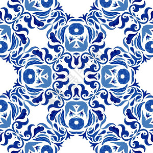 巴洛克式印度人蓝手和白抽象绘制的蓝色和白瓷砖无缝装饰海洋水彩色涂料图案Azulejotalvera瓷漆图案打印图片