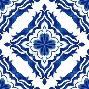 蓝手和白抽象绘制的瓷砖无缝装饰水彩色涂画图案蓝和白的葡萄牙西班装饰品蓝色白没有缝合的拼板来自葡萄牙和西班华丽的重复颜色图片