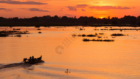 在缅甸曼德勒日落时渔民在湖上驾驶一艘渔船的休长轮冷静夏天男图片